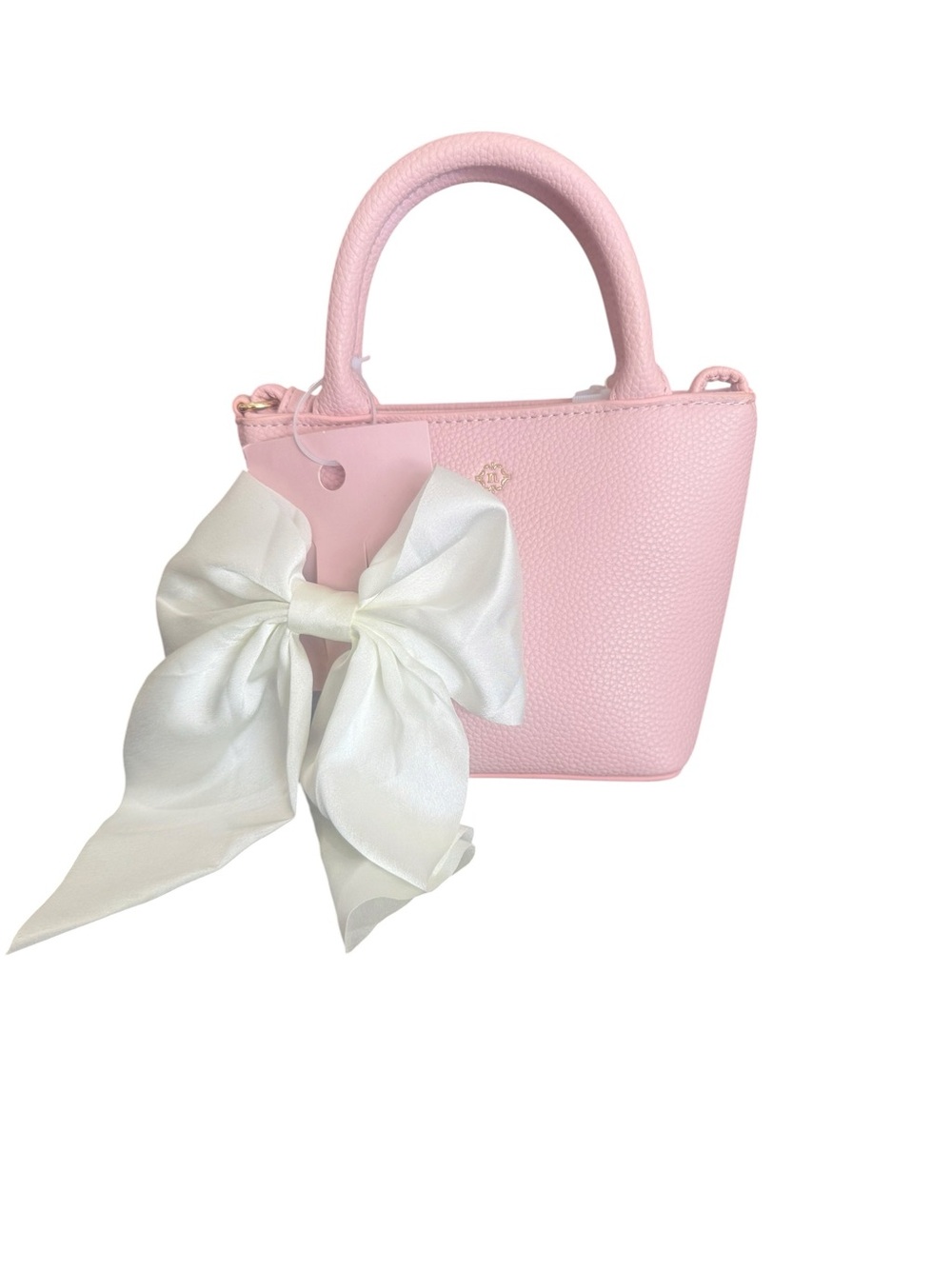 Nanette Lepore Pink Mini Top-Handle Bag with Ivory Bow and crossbody strap